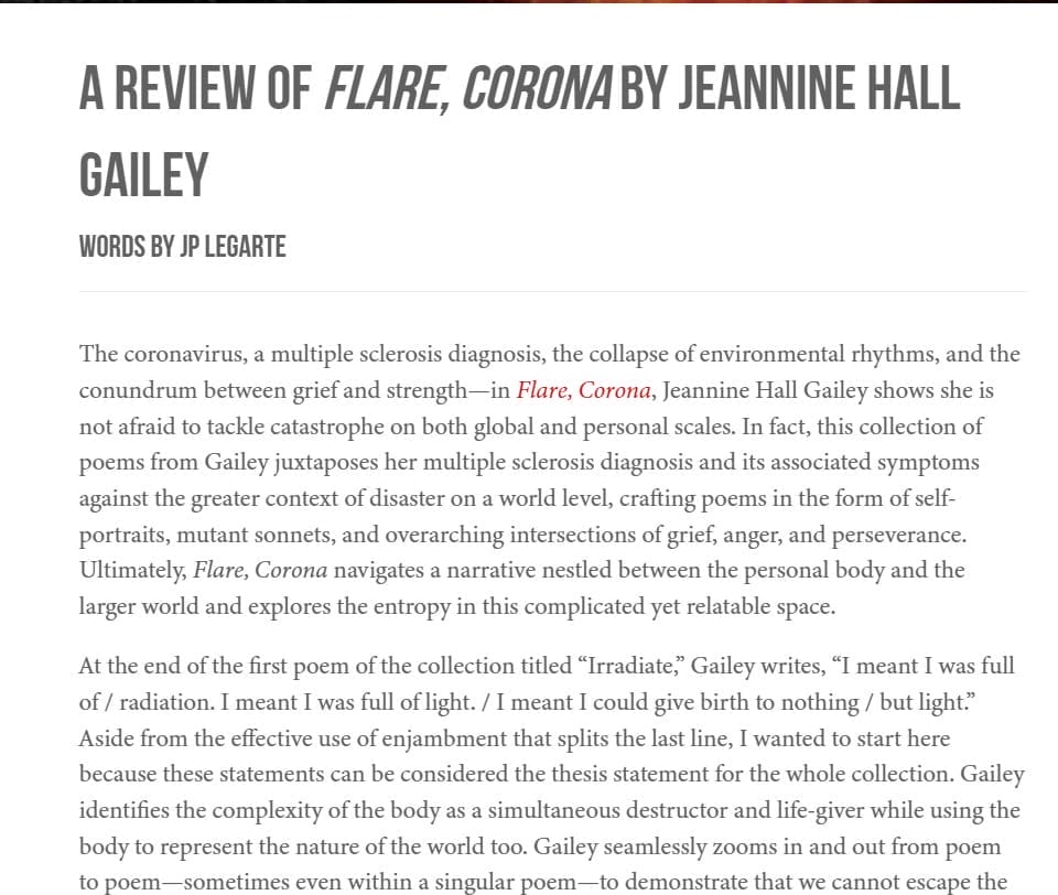 Screenshot of the beginning of the review of Flare, Corona in F(r)iction by JP Legarte